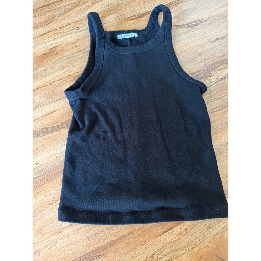 Zara Womens Black Ribbed High Neck Tank Top Halter Sleeveless Basic Size L
